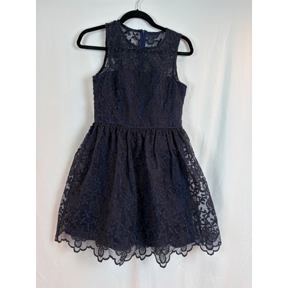 Delias Navy Blue Floral Lace Fit and Flare Mini Dress Scalloped Hem Size Large